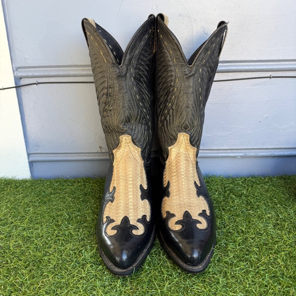 Vtg Laredo Mens 10.5 D Black Tan Faux Snakeskin Inlay Western Cowboy Boots USA